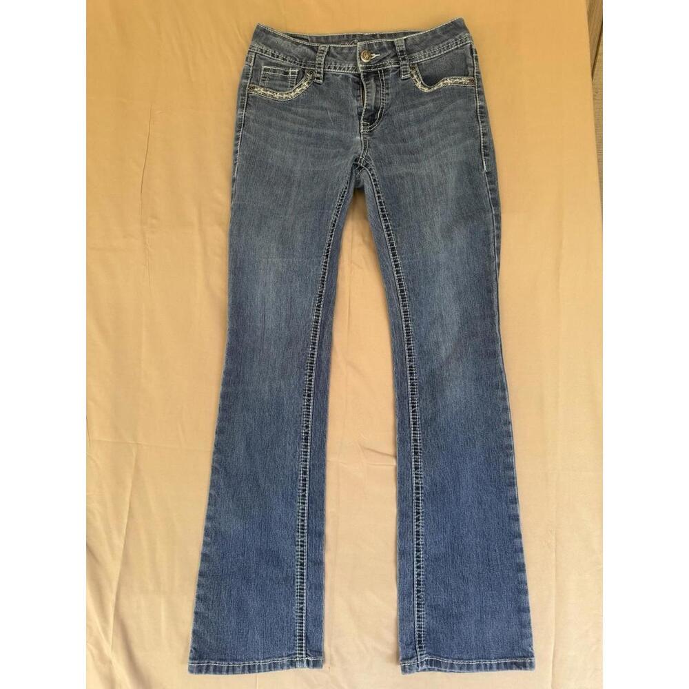 Wired Heart Bootcut Blue Embroidered Aztec Jeans 5-Pocket Zip Button